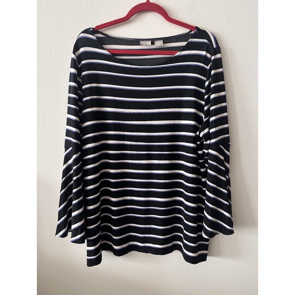 Chico's Travelers Collection Strip Top Black White Blue With Bell Sleeves Sz XL